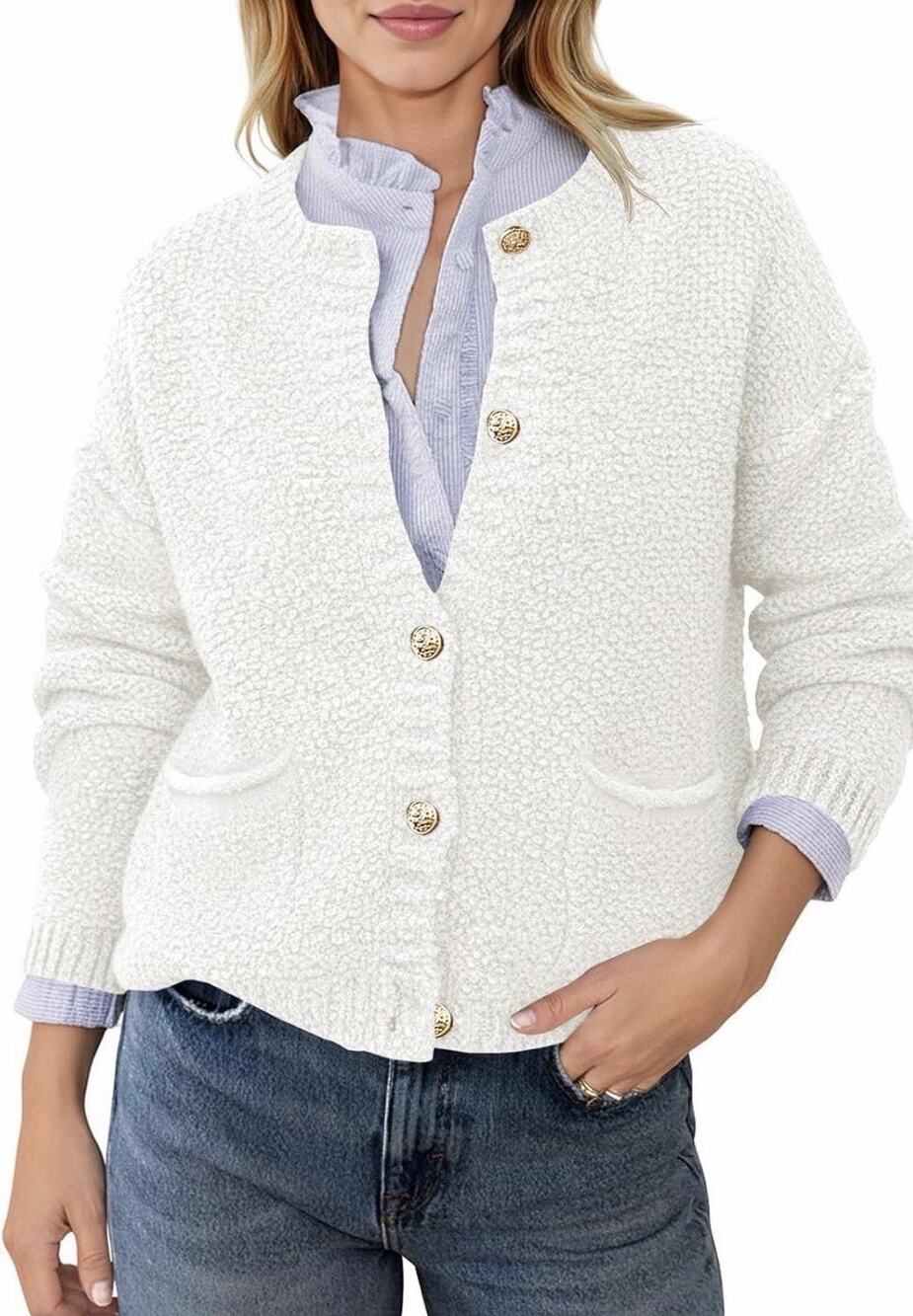 Women's Cozy Knit Cardigan Button Down Crewneck Long Sleeve Sweater White S